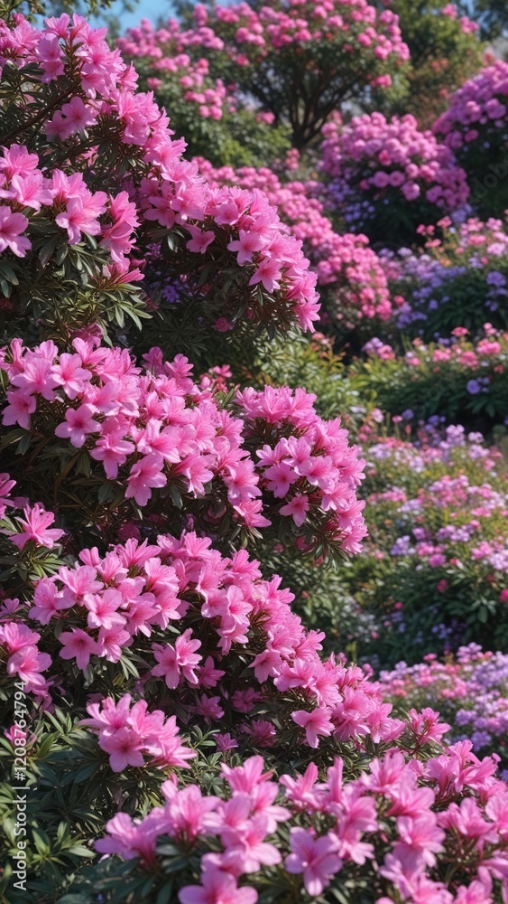 Azaleas blooming in the spring garden with pink and purple flowers , botany, purple Azaleas blooming in the spring garden with pink and purple flowers , botany, purple