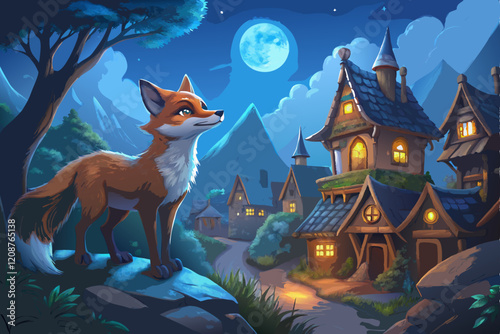 A charming and beautiful fox, againts a moonlit, in a breathtaking village vector art illustration