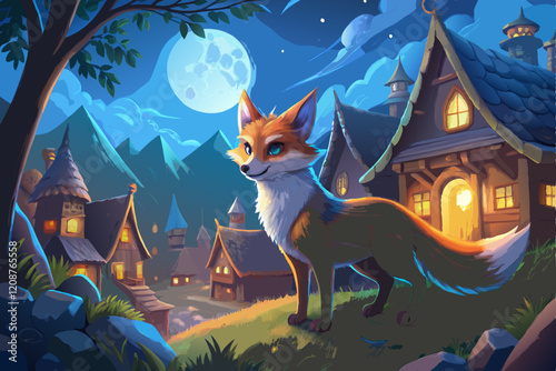 A charming and beautiful fox, againts a moonlit, in a breathtaking village vector art illustration photo