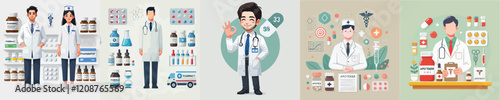 set of vector pharmacist characters in full uniform