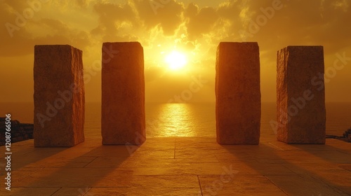 Sunset Pillars Seascape Coastal sunset view of four stone pillars, peaceful ocean background, perfect for meditation or travel
