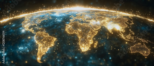 Fototapeta Naklejka Na Ścianę i Meble -  Global Network Illuminated: A mesmerizing digital rendering of planet Earth at night, with glowing lines tracing connections across continents.