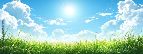 Green grass field under sunny blue sky, ideal for nature backgrounds