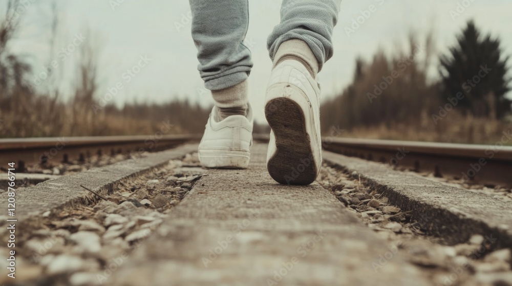Person walking on railroad tracks, low angle view of feet and shoes. Person walking on railroad tracks, low angle view of feet and shoes.