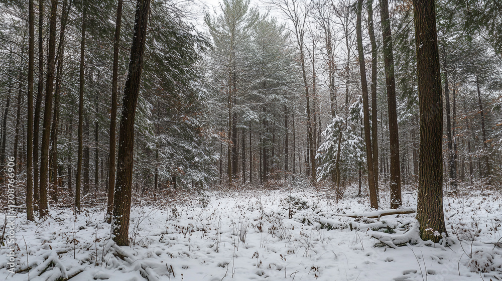 Naklejka premium Forest covered in snow creating a serene winter landscape with tall trees and light snowfall