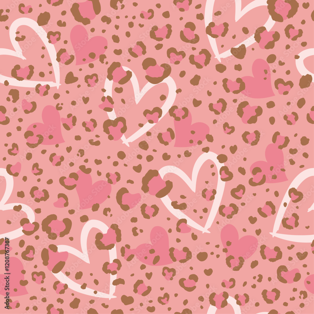 Pink heart leopard seamless pattern, animal skin background illustration for Valentine's day.