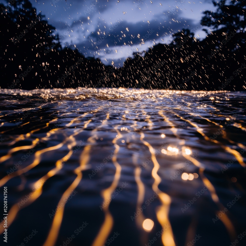 Fototapeta premium Golden Water Reflections Rain Drops on Still Lake at Dusk