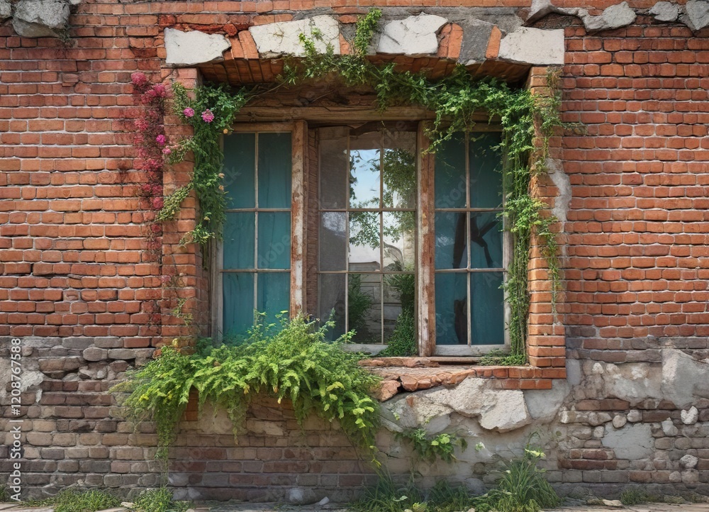 Broken window on a brick wall with overgrown vegetation growing out of the crack, decay, outdoor scene Broken window on a brick wall with overgrown vegetation growing out of the crack, decay, outdoor scene