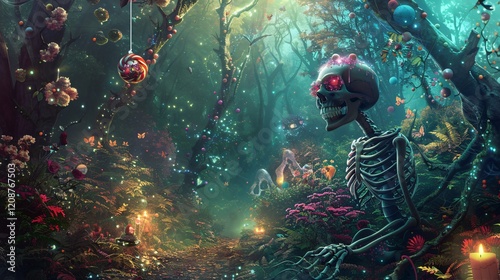 Skeleton and candy in a magical forest