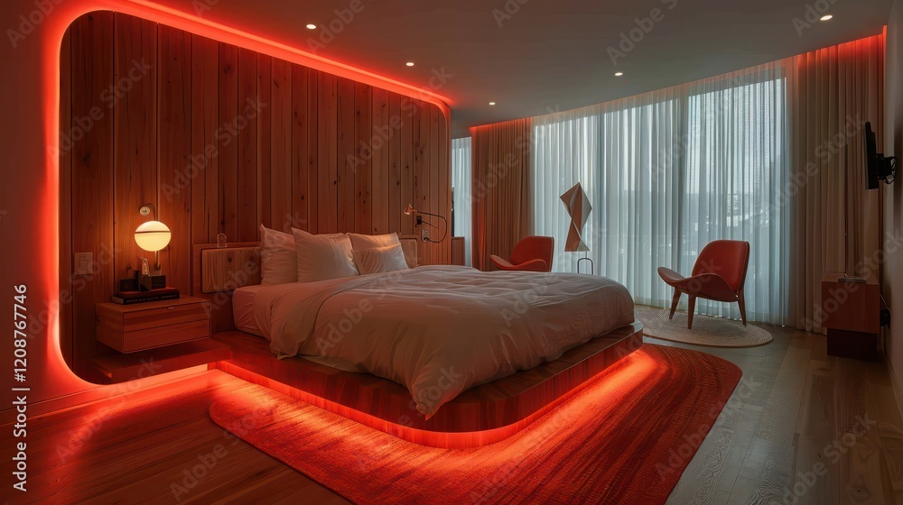 a bedroom with red lighting walls and wood floors. a bedroom with red lighting walls and wood floors.