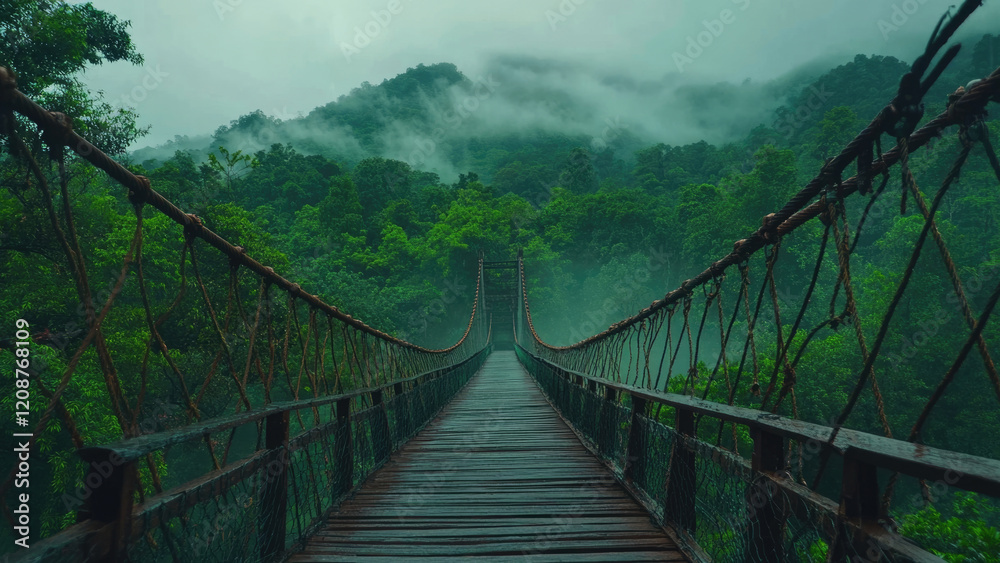 Suspension bridge over lush green forest leading to misty mountains Suspension bridge over lush green forest leading to misty mountains