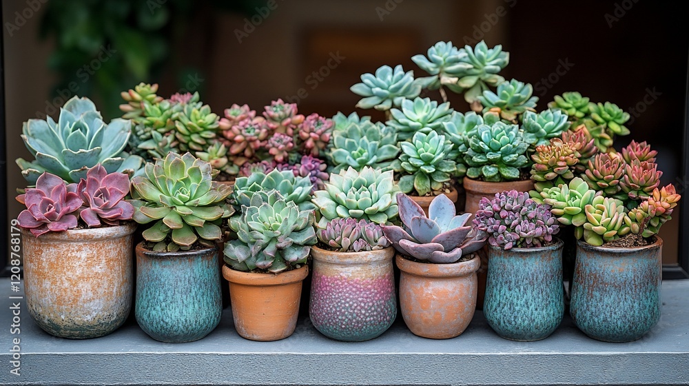 A Colorful Collection of Succulents in Rustic Pots A Colorful Collection of Succulents in Rustic Pots