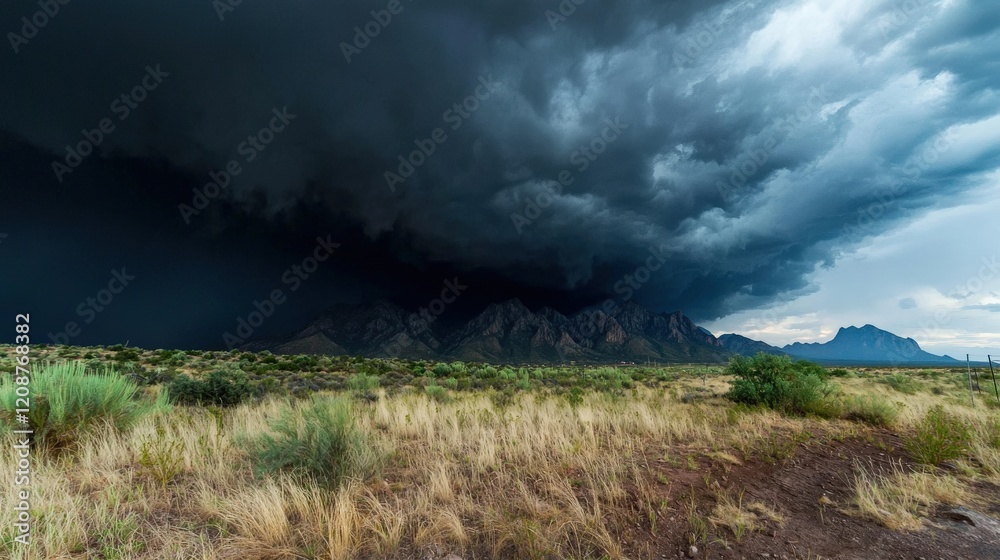 Black cloud looming over a mountain range with an ominous and moody atmosphere Black cloud looming over a mountain range with an ominous and moody atmosphere