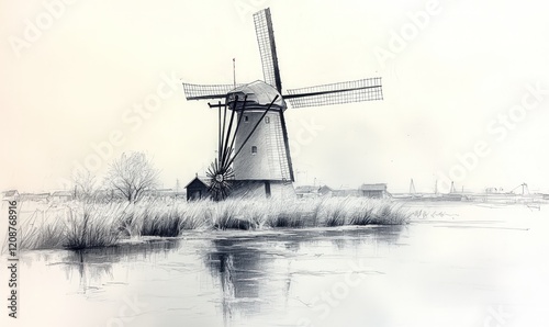 Windmill sketch, tranquil water, serene landscape.