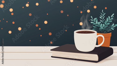 Cozy coffee cup on book with warm lights and plant