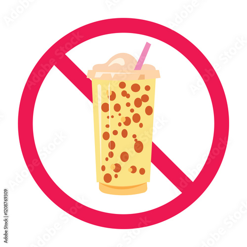 Boba ban sign, forbidden bubble tea sign, prohibited pearl milk tea icon, the dangers of consuming bubble tea drinks, do not drink sweet drinks