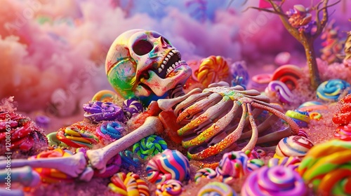 Skeleton in a candy-filled dreamland