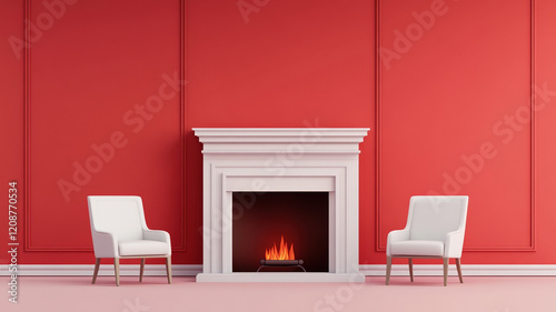 White chairs and fireplace against red wall in minimalist room