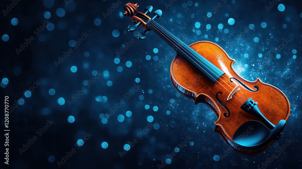 Fototapeta premium Floating violin with music notes on blue abstract background