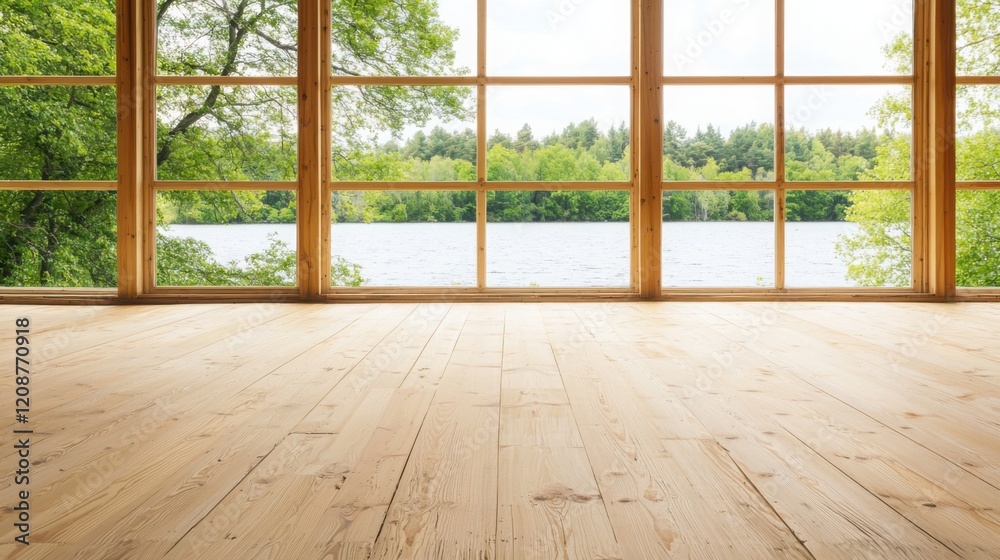 A serene room with wooden flooring and large windows, showcasing a picturesque view of greenery and a calm lake outside. A serene room with wooden flooring and large windows, showcasing a picturesque view of greenery and a calm lake outside.