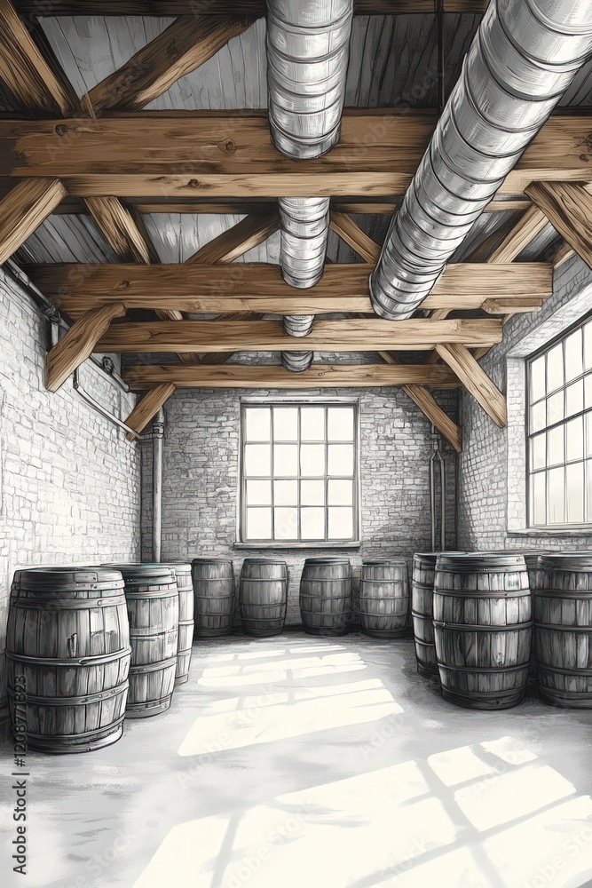 Wooden barrels in a rustic, high-ceilinged warehouse. Wooden barrels in a rustic, high-ceilinged warehouse.