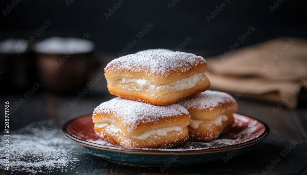 Delicious cream-filled pastries dusted with powdered sugar, arranged on a rustic plate, capturing an inviting dessert aesthetic. Delicious cream-filled pastries dusted with powdered sugar, arranged on a rustic plate, capturing an inviting dessert aesthetic.