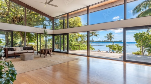 A bright, spacious living area with large windows showcasing tropical views, blending indoor and outdoor elements harmoniously.