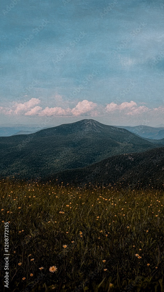 Fototapeta premium Serene Mountain Meadow Landscape Wildflowers Peaks and Sky