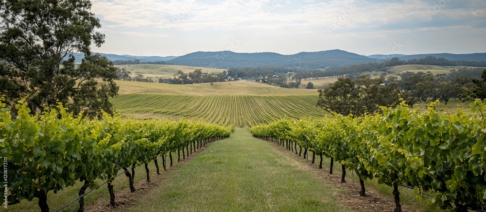 Naklejka premium Serene Vineyard Landscape: Rows of grapevines stretching towards distant hills under a partly cloudy sky