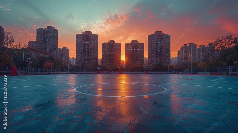 Obraz premium Community Sports Complex Construction. Evening panoramic view featuring sports-oriented style and energetic tones.