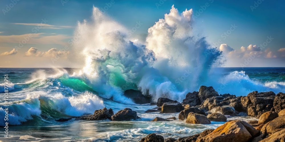Ocean wave crashing on rocky shore with splashes and foam, sea water, ocean, wave Ocean wave crashing on rocky shore with splashes and foam, sea water, ocean, wave