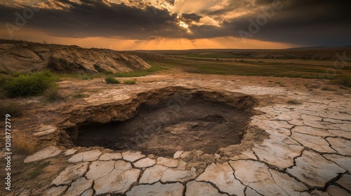 Massive meteor crater surrounded by cracked barren terrain under dramatic cloudy sky, showcasing the immense scale and raw power of natural geological formations. photo