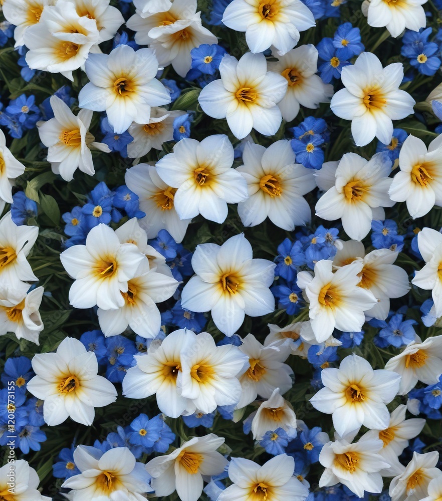Fototapeta premium Colorful, bell-shaped flowers in shades of blue and white with yellow centers , yellow centers, platycodon grandiflorus