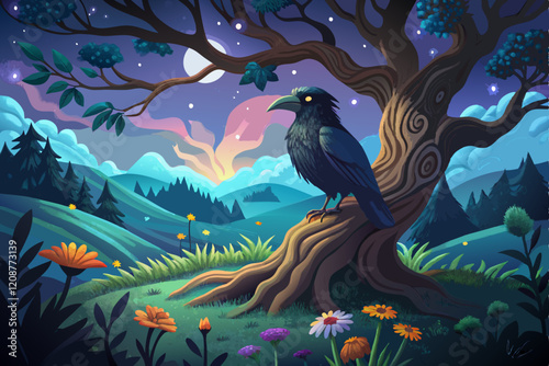A crow, at a giant oak tree, in a forest at night vector art illustration