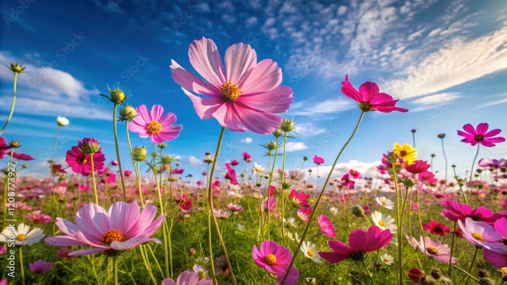 Vibrant cosmos flowers swaying in a scenic field under a clear blue sky, cosmos, flowers, field, vibrant, scenic, blue sky