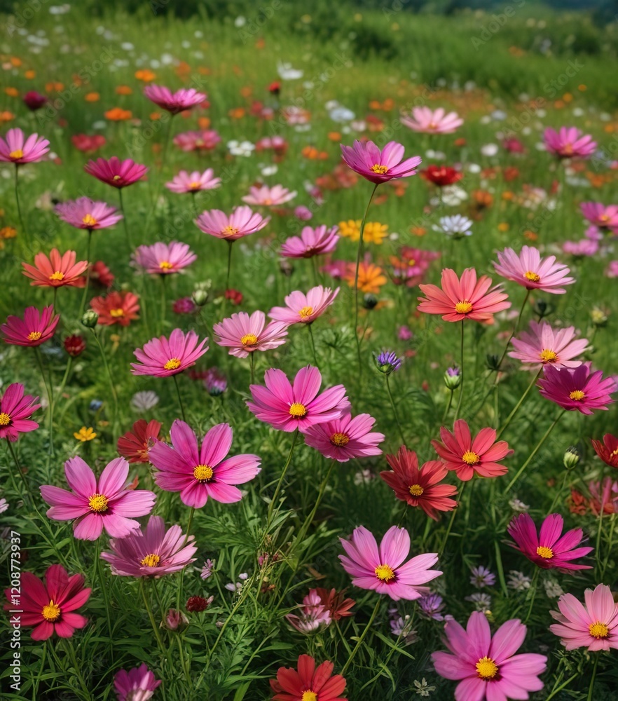 Colorful cosmos flowers blooming in a lush green meadow , meadow flowers, summer flowers, flowering grasses Colorful cosmos flowers blooming in a lush green meadow , meadow flowers, summer flowers, flowering grasses