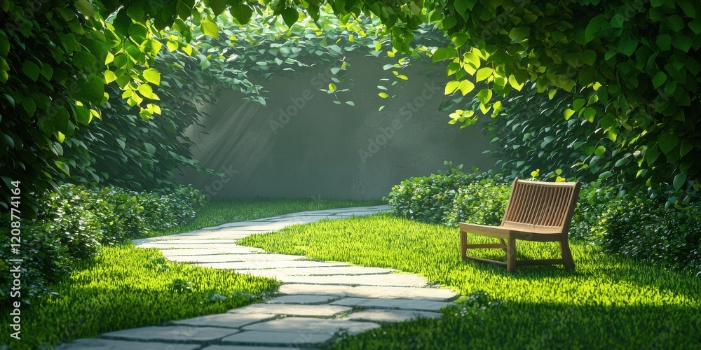 Fototapeta premium Whimsical garden pathway sunlit nature scene playful angles imaginative spaces tranquil environment
