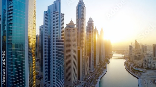 Sunrise over Dubai skyscrapers, waterfront