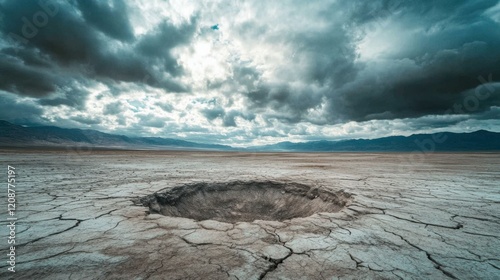Massive meteor crater surrounded by cracked barren terrain under dramatic cloudy sky, showcasing the immense scale and raw power of natural geological formations.