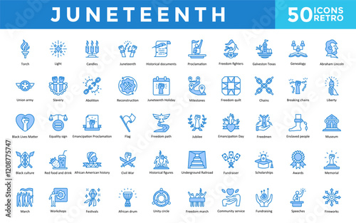Juneteenth icon set with torch, light, candles, historical documents, proclamation, freedom fighters, galveston texas, genealogy icon. Simple retro vector 
