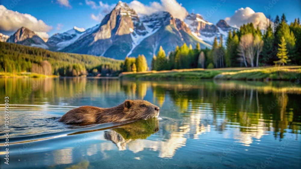 Fototapeta premium Beaver swimming in the picturesque waters of the Tetons National Park, wildlife, nature, animal, mammal, aquatic, habitat, ecosystem