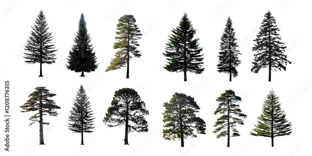 Fototapeta premium Collection of Isolated Pine Trees on Transparent Background, PNG collection, set bundle, isolate on transparent or white background
