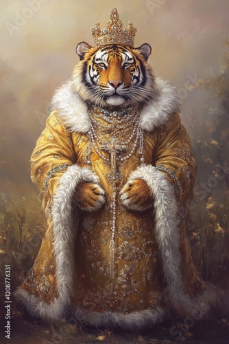 Majestic tiger wearing royal attire with a crown and fur trim. photo