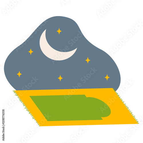 Islamic Night Prayer with Sajadah and Night Sky. Cartoon Style Muslim Night Worship Illustration.