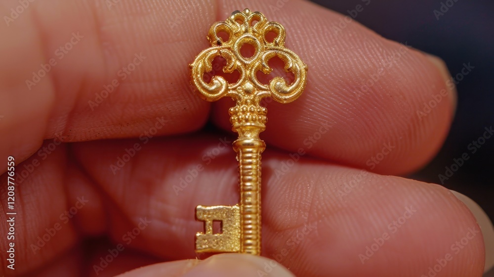 Fototapeta premium Miniature Key: A tiny, finely detailed key, often used for intricate locks or jewelry boxes, offering a whimsical and elegant addition to any collection. 
