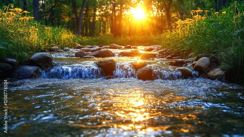 Sunset stream flows, forest backdrop, nature scene