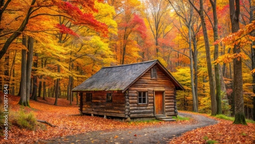 Cozy rustic cabin in the woods surrounded by colorful autumn leaves, rustic, fall, background, cabin, woods, colorful, autumn