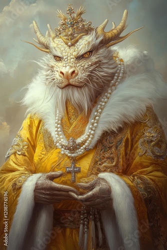 Mythical creature in royal attire with crown and ornate jewelry. photo