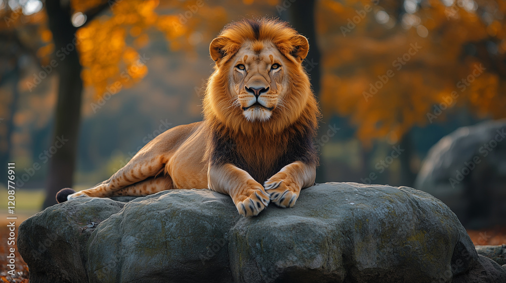 Naklejka premium A male lion rests on a rock