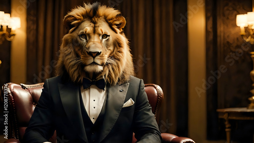 Portrait of a lion wearing tuxedo in a luxury lounge photo